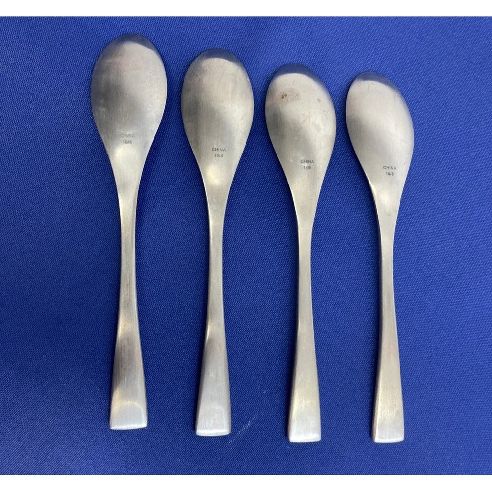 Set of 4 Satin Finish Stainless Steel Oval Soup Spoons 7-7/8